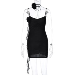 Flower Applique Solid Backless V Neck Ribbon Cami Mini Dress