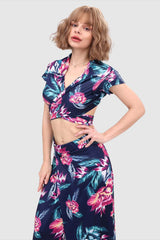 V-Neck Crop Tied Top & Front Slit Skirt