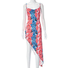 Irregular V Neck Backless Contrast Print Cowl Neck Cami Midi Dress