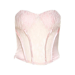 Lace Patchwork Sweetheart Neck Solid Zip-Up Corset Tube Top