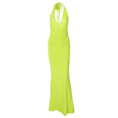 Solid V Neck Halter Backless Flower Applique Self Tie Maxi Dress