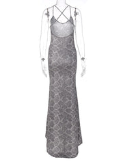 Snakeskin Print Cross Back U Neck Backless Cami Maxi Dress