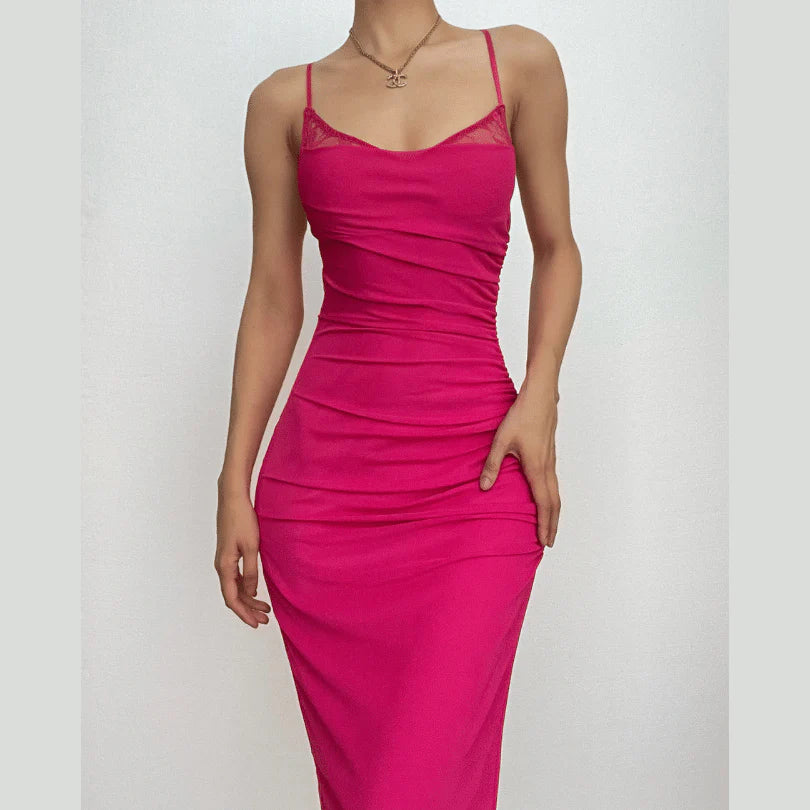 Mesh Ruched Slit Square Neck Solid Backless Cami Midi Dress