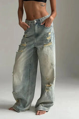 High Waist Ripped Straight Leg Jeans