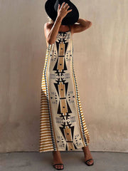 Ethnic Print Backless Charming A-Line Maxi Dress