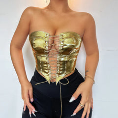 Backless Corset Metallic Lace Up Self Tie Tube Top