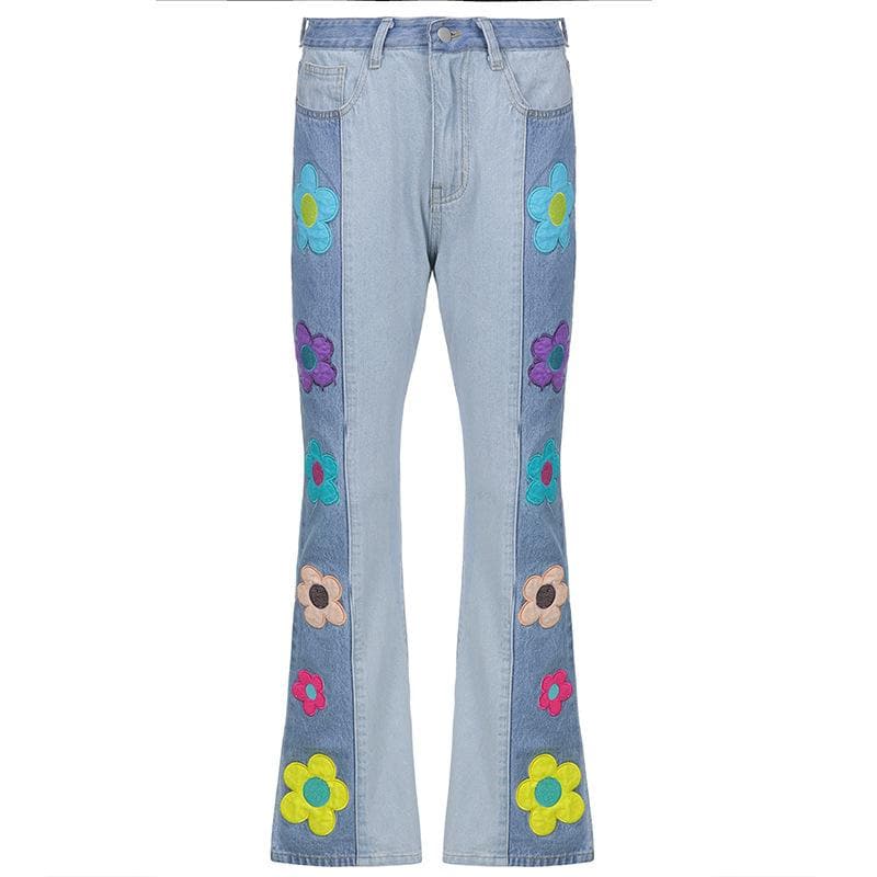 Flower Embroidery Patchwork Contrast Medium Rise Flared Jeans - Final Sale