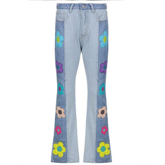Flower Embroidery Patchwork Contrast Medium Rise Flared Jeans - Final Sale