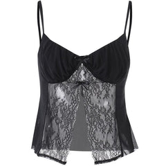 Lace Patchwork Ruched Solid V Neck Slit Cami Crop Top