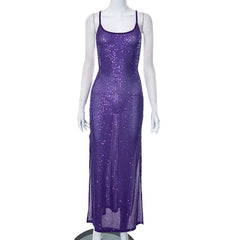 Glitter U Neck See Through Backless Cami Maxi Dress