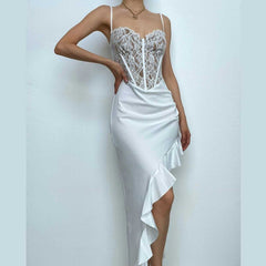 Lace Contrast Corset Sweetheart Neck Ruffle Irregular Cami Maxi Dress