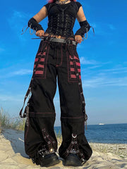 Fashion Trends Gothic Chain Bandage Wide Leg Pants Women Oversize Low Rise Dark Academic Trousers Streetwear 90S Baggy Pant Punk Style