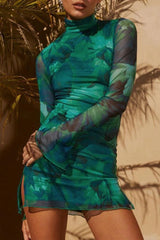 Mesh Printed Long-Sleeved Slim Dress