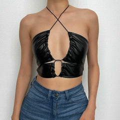 Pu Drawstring Halter 2-Way Ruched Backless Solid Tube Top