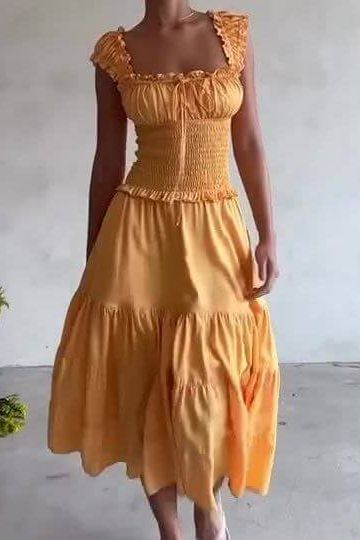 French Yellow Pleated U-Neck Dress