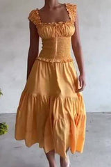 French Yellow Pleated U-Neck Dress