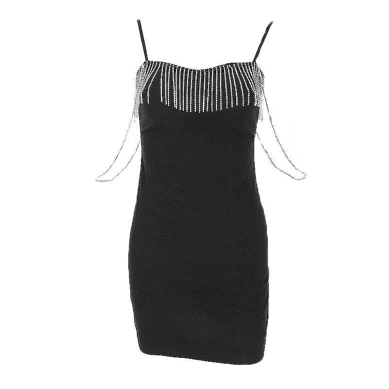 Metal Chain Zip-Up Solid Sweetheart Neck Tassels Cami Dress