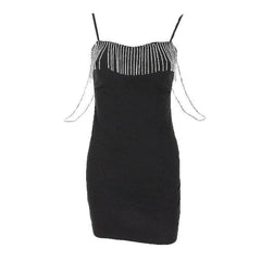 Metal Chain Zip-Up Solid Sweetheart Neck Tassels Cami Dress