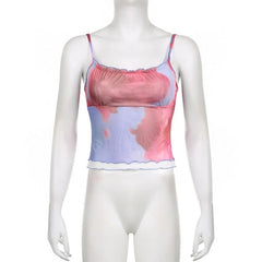 Tie Dye Contrast Mesh Ruffle Backless Cami Top