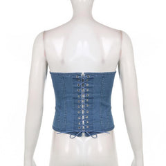 Denim Lace Up Back Heart Neck Tube Top