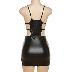Pu Leather Hollow Out Cami Open Side Backless Mini Dress