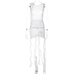 Sheer Mesh See Through Solid Ruffle Flower Applique Sleeveless Mini Dress