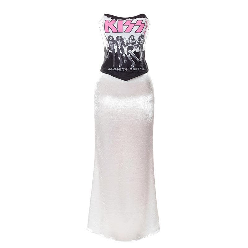 Satin Abstract Print Contrast Low Cut Tube Top Midi Skirt Set