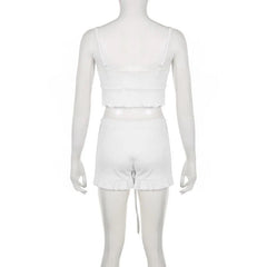 Drawstring Ruffle Solid Self Tie V Neck Cami Pant Set