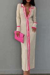 Lapel Contrast Single-Breasted Ribbed Dress