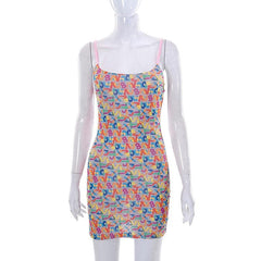 Mesh Letter Print Contrast Square Neck Backless Cami Mini Dress