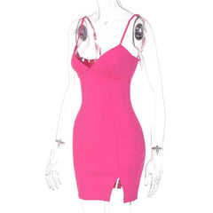 Slit V Neck Backless Solid Cami Mini Dress