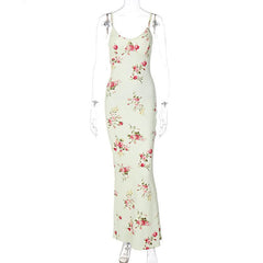 Contrast U Neck Backless Flower Print Maxi Dress