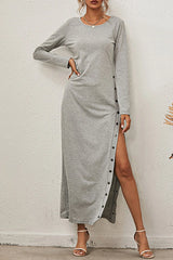 Solid Buckle Slit O Neck A Line Dresses(8 Colors)