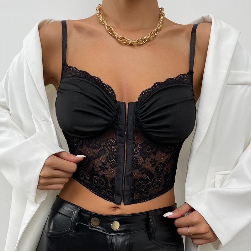Ruched Lace Hem Bustier Button Backless Solid Cami Top