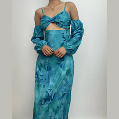 Long Sleeve Contrast Off Shoulder Hollow Out Flower Print Midi Dress