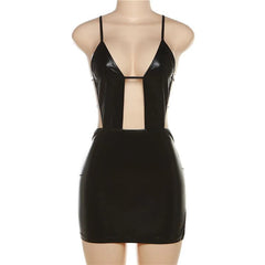 Pu Leather Hollow Out Cami Open Side Backless Mini Dress