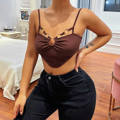 Hollow Out Solid O Ring Ruched Backless Cami Crop Top
