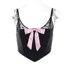 Bowknot Lace Patchwork U Neck Backless Cami Crop Top
