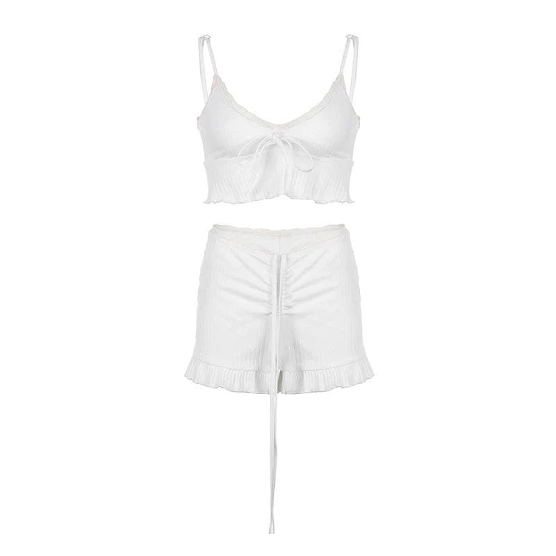 Drawstring Ruffle Solid Self Tie V Neck Cami Pant Set