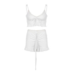 Drawstring Ruffle Solid Self Tie V Neck Cami Pant Set