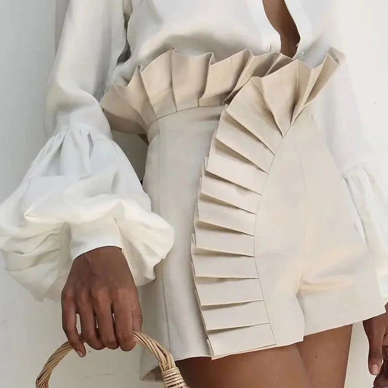 Women'S Bottom Ruffle Hem Shorts Pleated High Waist Solid 2024 New Fashion Pant Elegant Summer Casual Female Clothing Outfits
