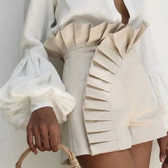 Women'S Bottom Ruffle Hem Shorts Pleated High Waist Solid 2024 New Fashion Pant Elegant Summer Casual Female Clothing Outfits