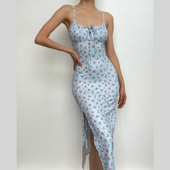 High Slit Floral Heart Neck Ruched Dress