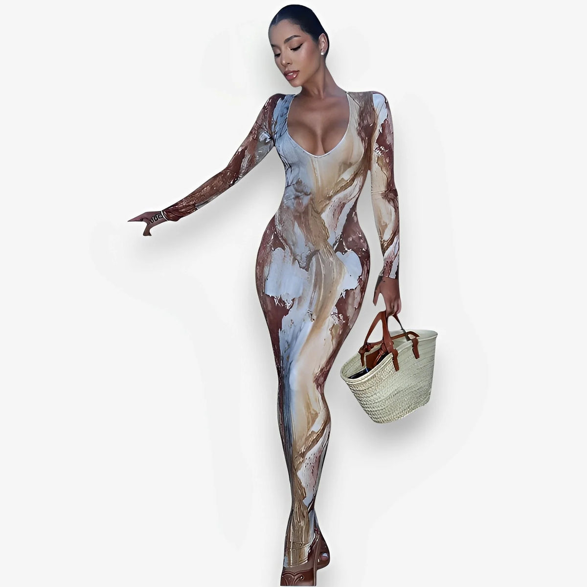 Printed Sexy V-Neck Slim Long Dress