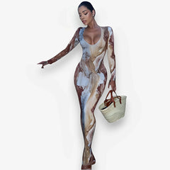Printed Sexy V-Neck Slim Long Dress