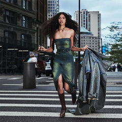 American Slim Fit Navel Strap Denim Tube Two Piece Dress