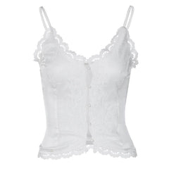 Lace Solid Button V Neck Backless Cami Crop Top