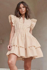 Hollow Cake Skirt U-Neck Lotus Leaf Sleeves Cotton Dress