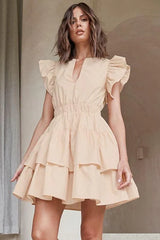 Hollow Cake Skirt U-Neck Lotus Leaf Sleeves Cotton Dress