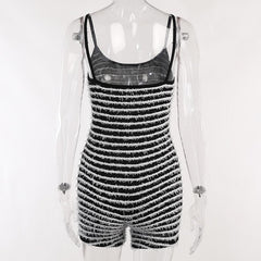 Contrast Striped Fluffy Backless Cami Romper